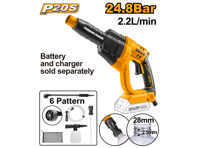 INGCO 2.2 LPM 20 V Lithium-Ion Cordless Pressure Washer Without Battery & Charger (CPWLI2008)