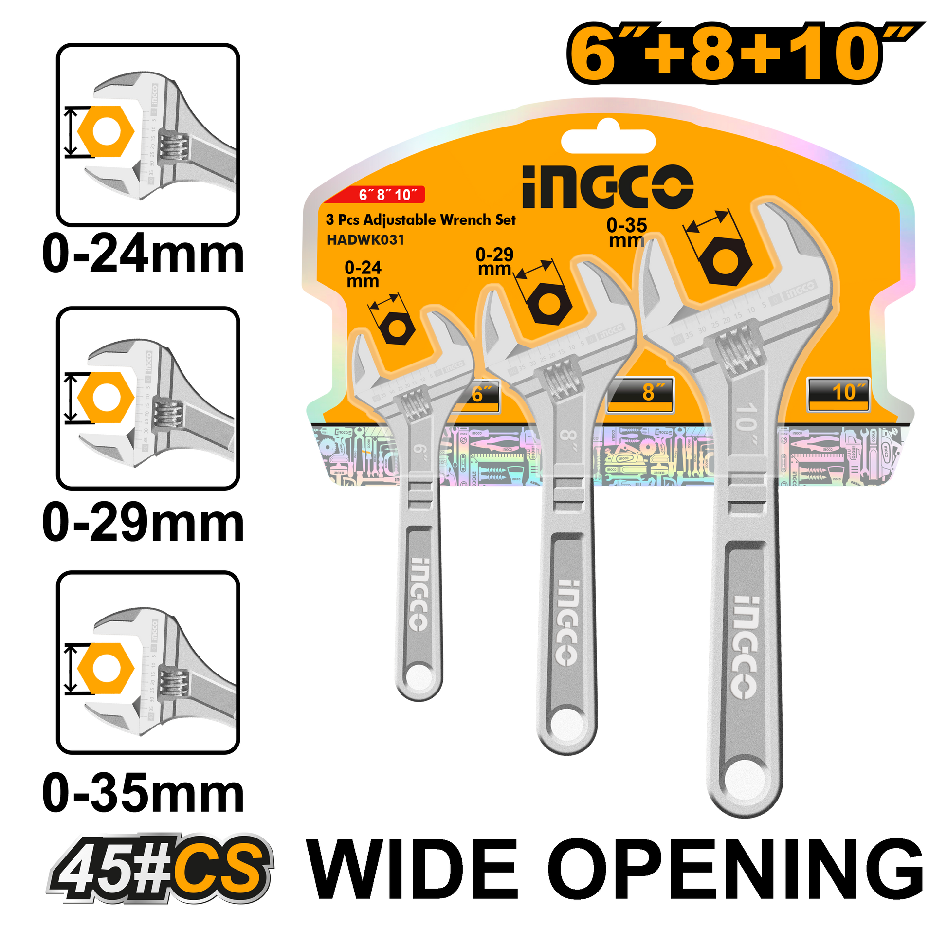 Ingco 6 inch, 8 inch & 10 inch Adjustable Wrench Set (HADWK031)